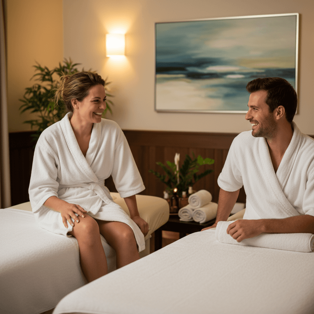 couple receiving therapeutic massage side by side in hotel room with warm lighting