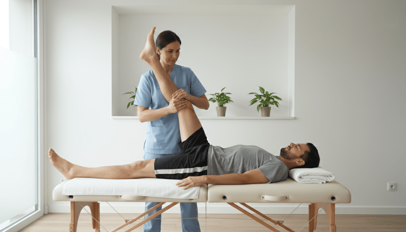 person stretching leg with therapist assistance on massage table