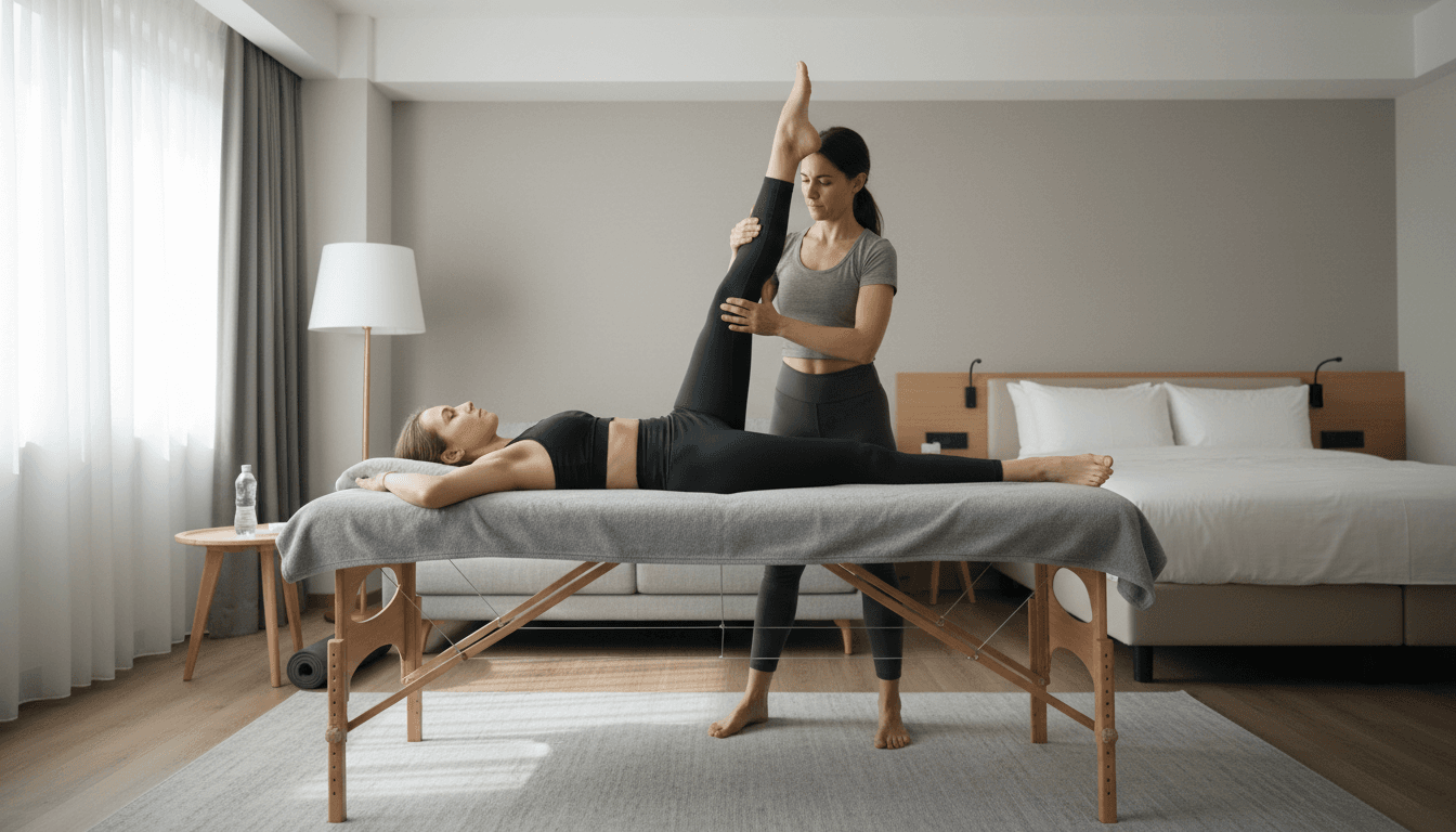 Therapist assisting client with a yoga massage stretch on a portable table in a Las Vegas hotel room