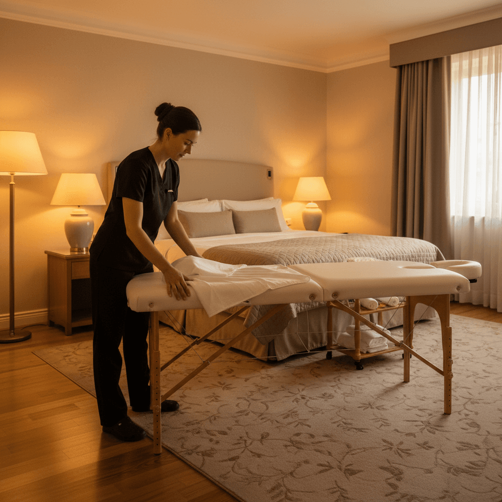 Mobile massage therapist setting up table in hotel room