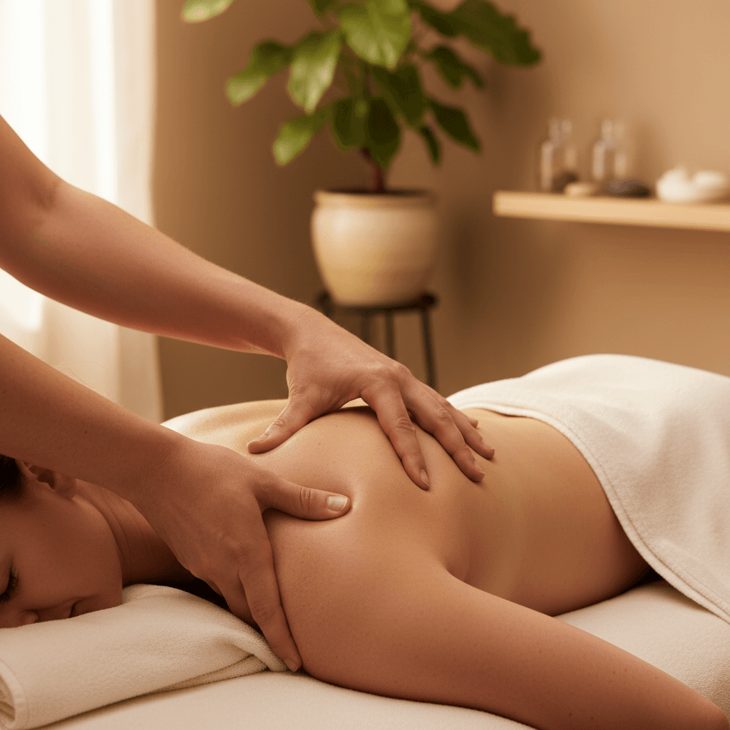 Massage therapist working on a client's back in a mobile setup