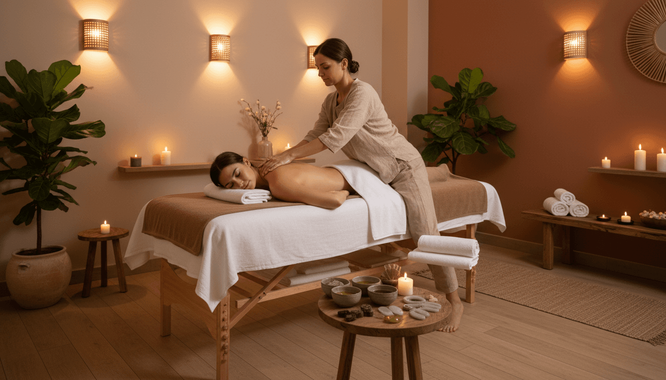 Skilled massage therapist performing therapeutic massage on relaxed client in serene, candlelit wellness treatment room with natural healing elements