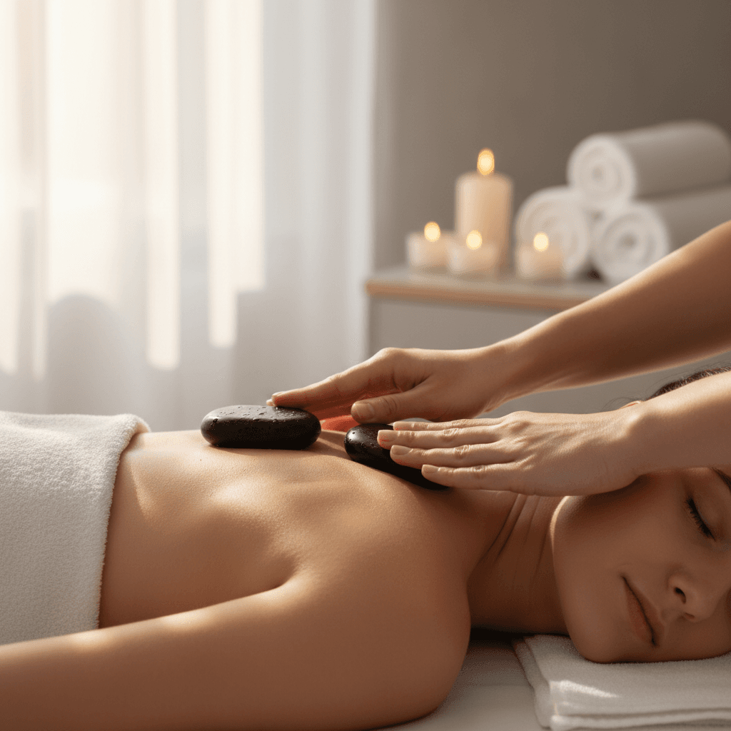 Therapist hands performing hot stone massage on client's back in softly lit spa environment with candles and warm lighting