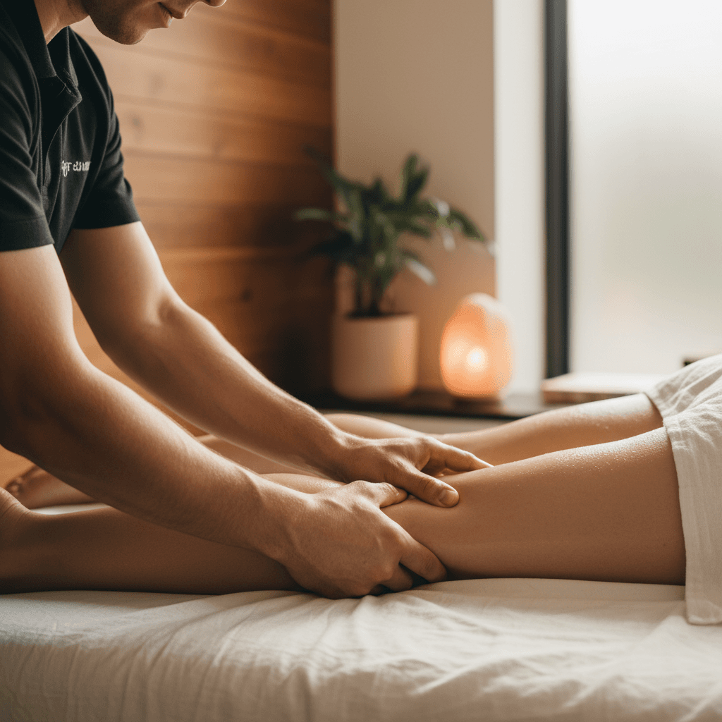Sports massage therapist performing deep tissue massage on client's leg in therapeutic setting