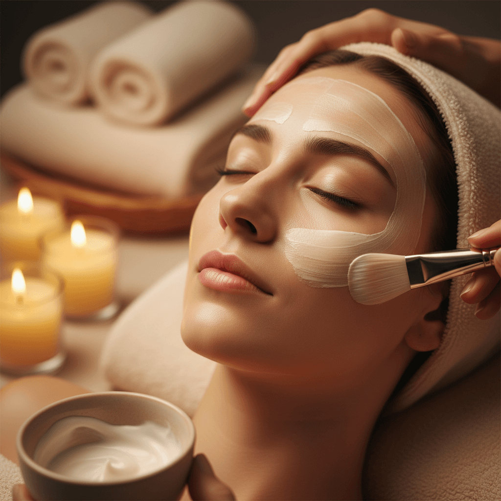 Client's face during facial treatment with practitioner applying nourishing mask in soft spa lighting