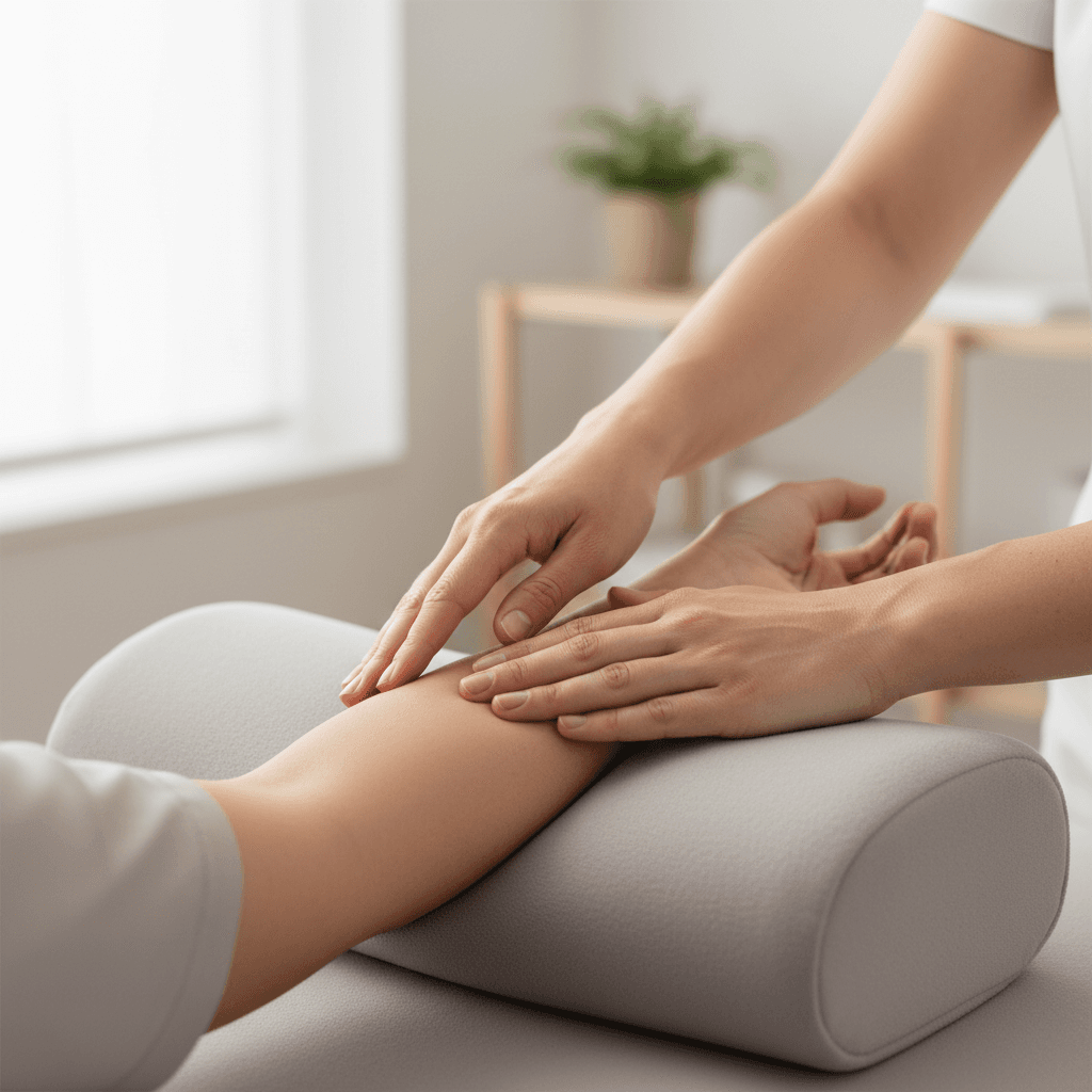 Therapist's hands performing gentle manual lymph drainage on patient's swollen arm in clinical setting
