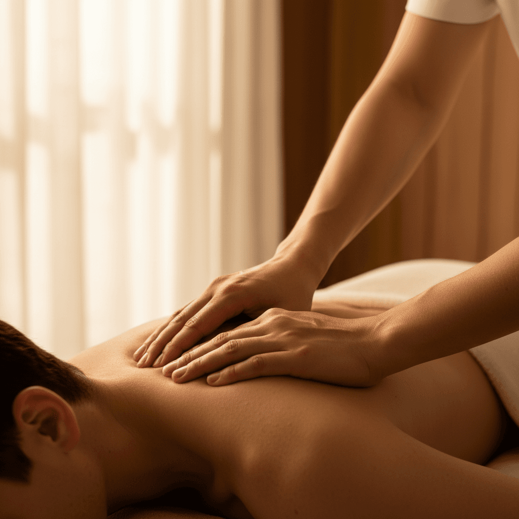 Massage therapist's hands performing deep tissue work on client's shoulder in warm, diffused light