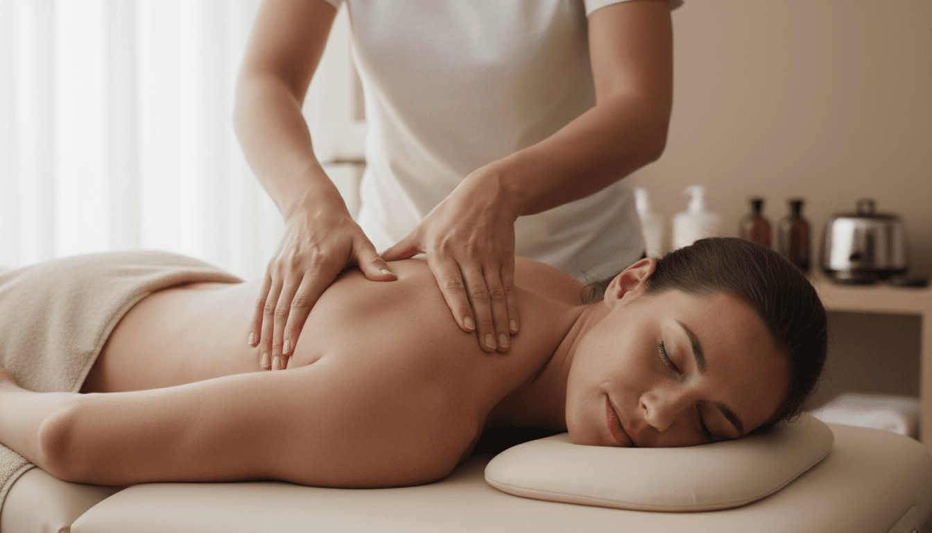 Sports massage therapist performing deep tissue work on client's shoulder and back during therapeutic treatment session