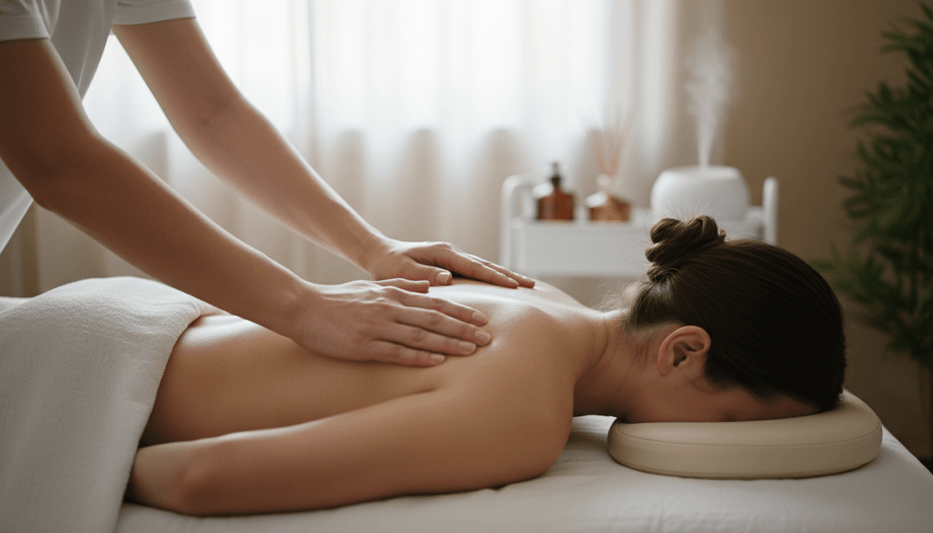 Therapist's hands performing therapeutic massage on client's back in softly lit wellness treatment room
