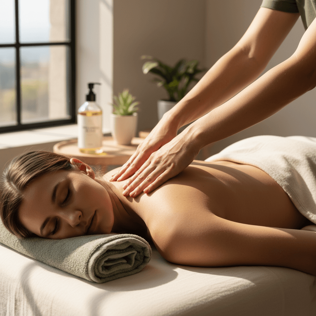 Massage therapist's hands performing therapeutic shoulder massage on relaxed client in warm, naturally-lit wellness setting