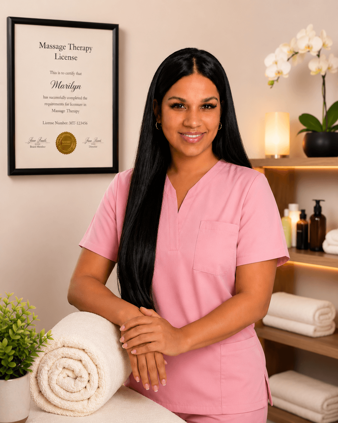 Smiling massage therapist in pink scrubs posing in a spa with her framed professional license.