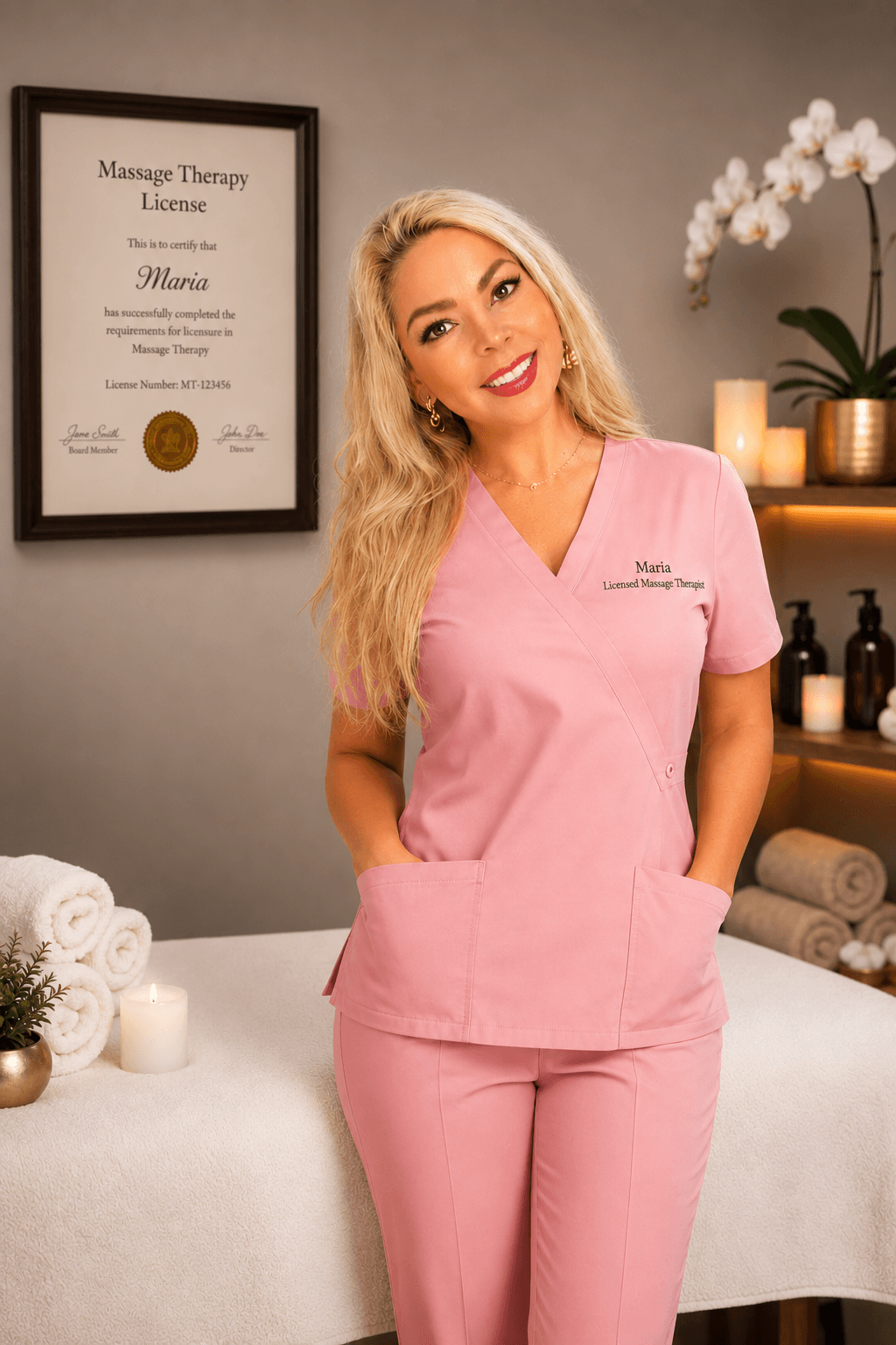Smiling blonde massage therapist in pink scrubs stands in a spa near a massage table.