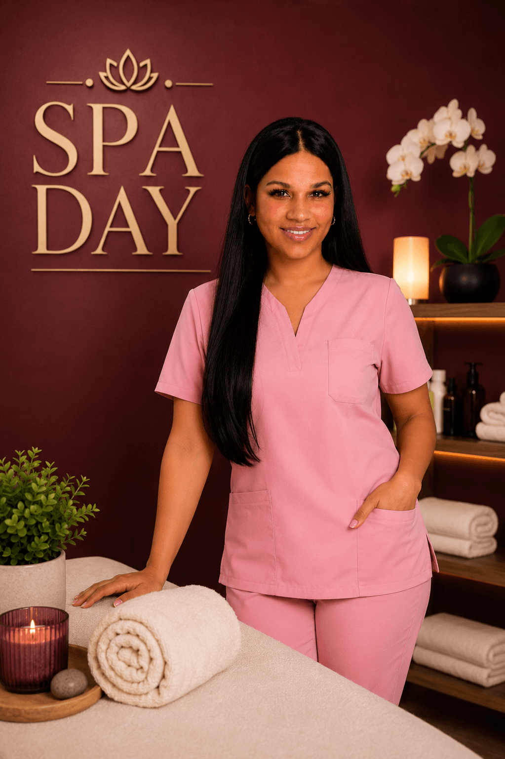 Smiling woman in pink scrubs stands in a spa room beside a massage table.