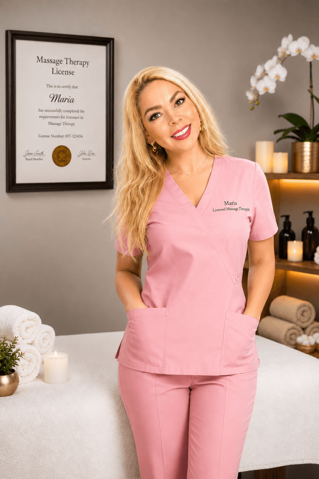 Blonde massage therapist in pink scrubs smiling in a spa room with framed license.